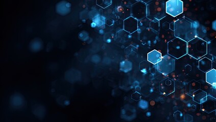Abstract blue and orange hexagonal pattern on a dark background, with light and bokeh effects