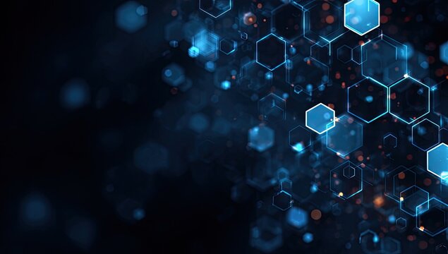 Abstract blue and orange hexagonal pattern on a dark background, with light and bokeh effects
