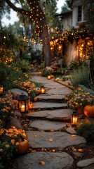 Fototapeta premium Charming Stone Pathway Decorated with Mini Floral Pumpkins