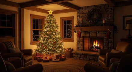 Cozy living room scene with a decorated Christmas tree, fireplace, presents, and warm lighting.