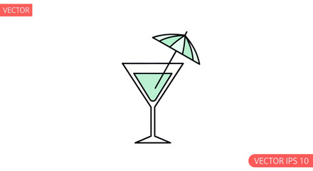 Minimalist line art icon of a turquoise cocktail in a martini glass with a small umbrella.