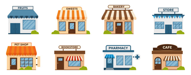 Small shop collection with flat colorful facades. Storefront icons including cafe, pharmacy, bookstore and bakery