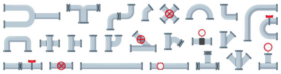 Obraz na płótnie Canvas Pipe collection with steel joints, gauges and red valves. Industrial plumbing system elements suitable for construction or factory