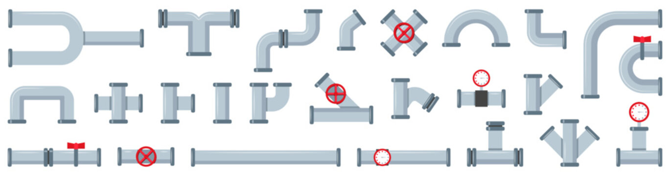 Pipe collection with steel joints, gauges and red valves. Industrial plumbing system elements suitable for construction or factory
