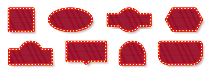 Marquee signboard collection with red frames and glowing yellow bulbs. Retro theater banner shapes for circus, cinema or show themes