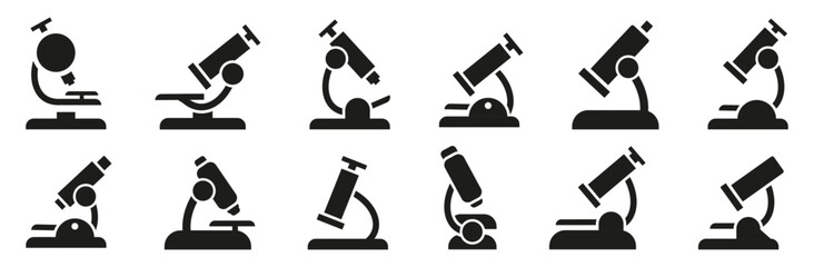 Microscope icon collection in solid black style. Laboratory research instruments for medical, biology and chemistry themes