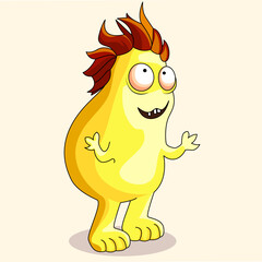 Funny yellow cartoon monster with red hair