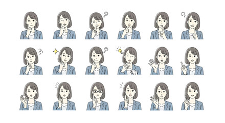 A set of 15 different facial expressions of a woman in a blue jacket