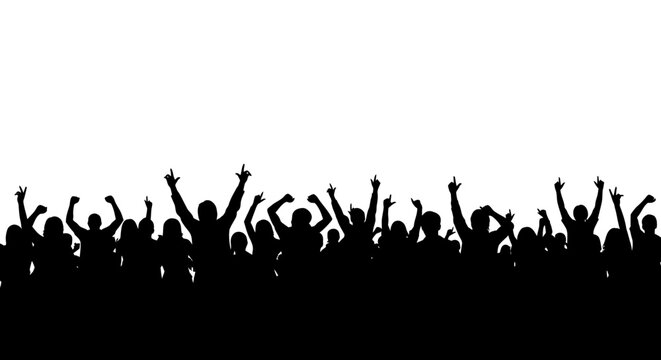 Silhouette of a Cheering Crowd with Raised Arms and Hands.