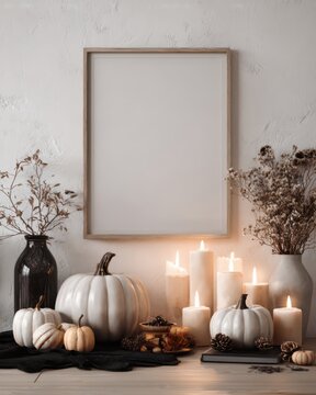 Elegant Halloween Poster Display on White Wall with Decorations