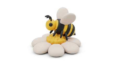 A charming handmade clay bee with black stripes and white wings resting on a stylized flower.