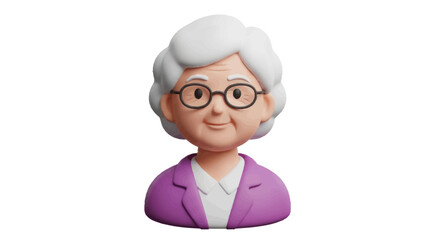 Adorable 3D cartoon illustration of a friendly elderly woman with white hair and glasses.