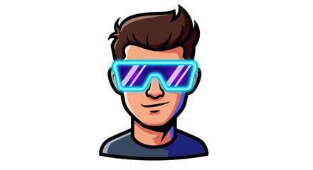 Cartoon Man Wearing Futuristic Glowing Neon VR Glasses.