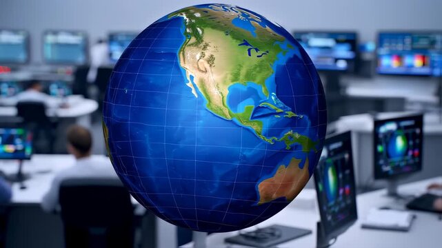 A globe floats in front of a blurred control room with monitors and people working