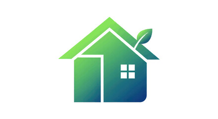 Eco-friendly house icon with green gradient and leaf detail.