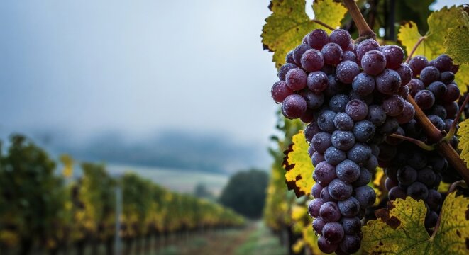 Ripe Purple Grapes with Dew in Misty Autumn Vineyard