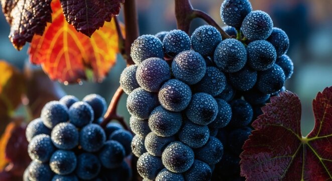 Ripe Purple Grapes with Dew and Autumn Leaves on Vine