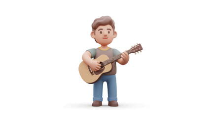 Cartoon boy playing acoustic guitar with a smile.