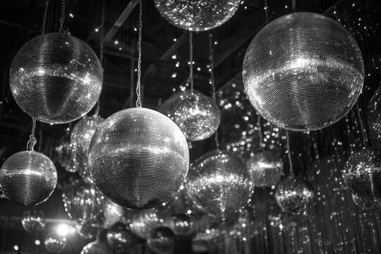 Monochrome scene with numerous sparkling, reflective spheres hanging from above
