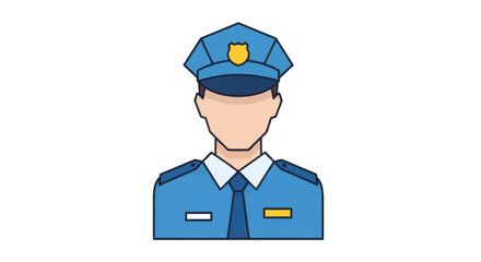 Cartoon Illustration of a Male Police Officer in Blue Uniform and Cap.