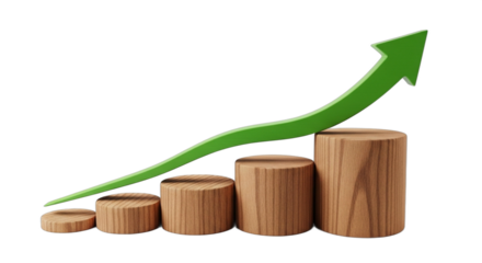 Wooden cylinders representing growth with a green arrow pointing upwards. PNG Transparent