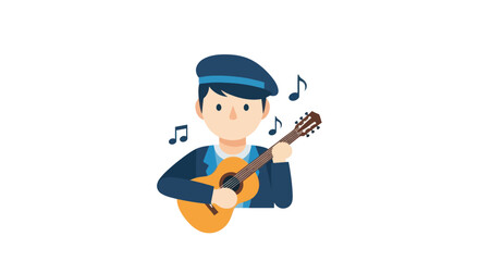 Young man in blue cap playing acoustic guitar with musical notes.