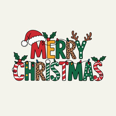 Merry Christmas whimsical letters, mixed patterns and textures, Santa hat detail, holly sprigs, charming seasonal greeting vector