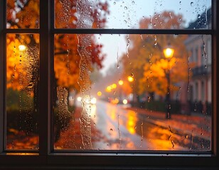 Rainy autumn window view