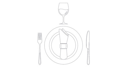 Elegant Place Setting with Plate Cutlery Napkin and Wine Glass Outline.