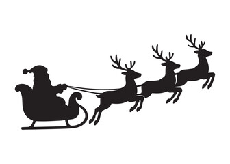 santa flying in sleigh with reindeer logo silhouette vector,  santa's sleigh silhouette vector illustration, christmas night sky sleigh and reindeer flying logo silhouettes vector on white background