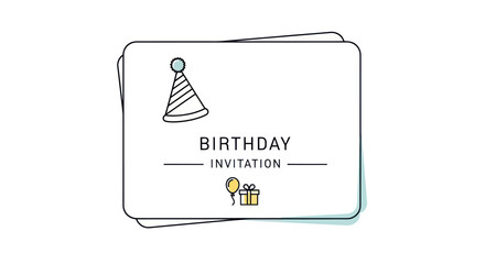 Simple Line Art Birthday Invitation Card with Party Hat and Gifts.