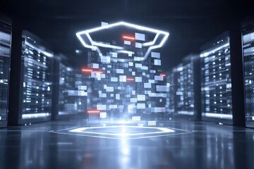 Fototapeta premium high security bunker filled with email monitoring screens, archive draft recovery system humming, fortified server, red alert announcement reporting breach