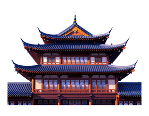 Fototapeta premium Three-Tiered Traditional Chinese Pagoda with Blue Roofs, Neon Orange Glow on Transparent Background, 3D Realism Design Element