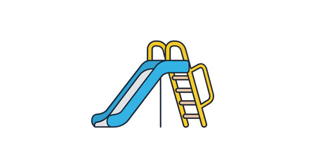 Cartoon playground slide with blue chute and yellow ladder.