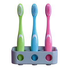 Three Colorful Toothbrushes in a Holder on Transparent Background