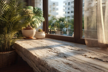 Fototapeta premium Serene Urban Oasis with Sunlit Window Sill and Lush Greenery for Interior Inspiration