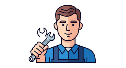 Cartoon illustration of a friendly mechanic or handyman in blue overalls holding a silver wrench.