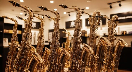 Close-up view of multiple saxophones arranged in rows inside a music store