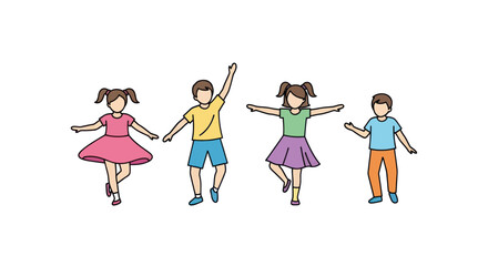 Group of Four Children Dancing and Playing Together Expressing Joy and Energy.