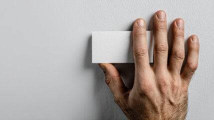 Hand holding a blank business card against a neutral gray background