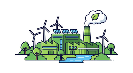 Green industrial factory powered by renewable energy from wind turbines and solar panels.
