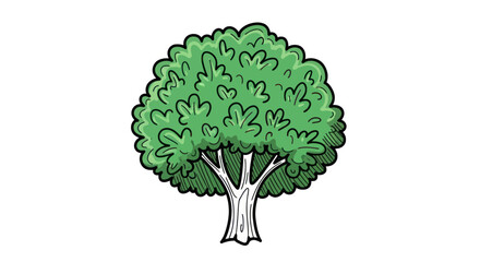 Stylized cartoon illustration of a lush green deciduous tree with a thick sturdy trunk and bold black outlines.
