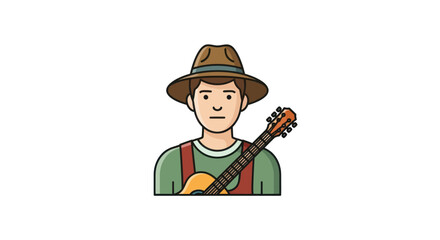 Cartoon man wearing a hat and holding a guitar.