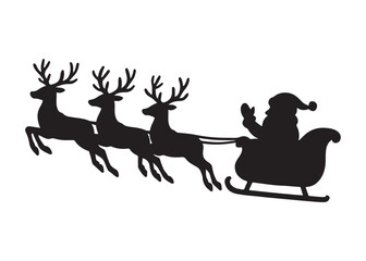 santa flying in sleigh with reindeer logo silhouette vector,  santa's sleigh silhouette vector illustration, christmas night sky sleigh and reindeer flying logo silhouettes vector on white background