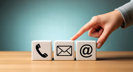 Hand touching contact icons on white cubes phone email at symbol contact us communication