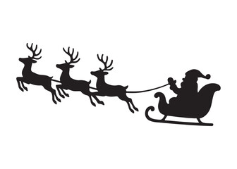 santa flying in sleigh with reindeer logo silhouette vector,  santa's sleigh silhouette vector illustration, christmas night sky sleigh and reindeer flying logo silhouettes vector on white background