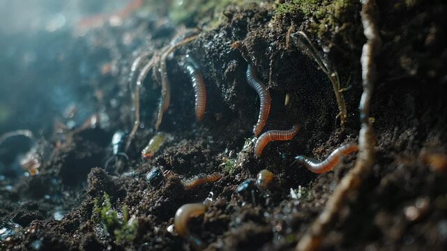 Earthworms moving through rich, moist soil under diffused daylight, showcasing underground life and texture.