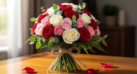 Elegant Bouquet of Red Pink and White Roses on a Wooden Table.