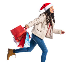 Festive Shopper Woman in Santa Hat Walking with Holiday Gift Bags, Side Angle, Isolated on White Background
