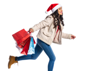 Festive Shopper Woman in Santa Hat Walking with Holiday Gift Bags, Side Angle, Isolated on White Background